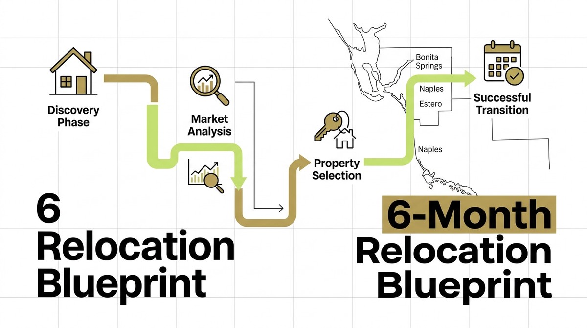 A 6-month SWFL relocation timelines blueprint with steps: Discovery, Market Analysis, Property Selection, and Successful Tran