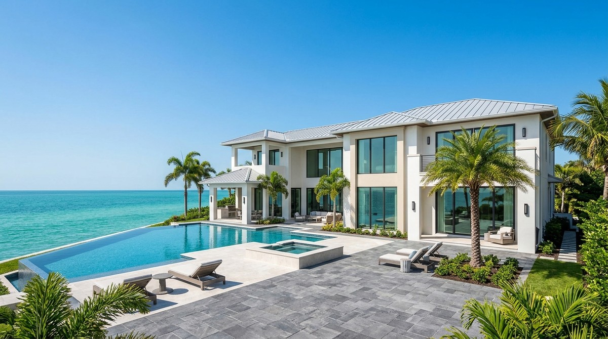 Modern SWFL luxury real estate with an infinity pool, spa, and patio overlooking the turquoise ocean.