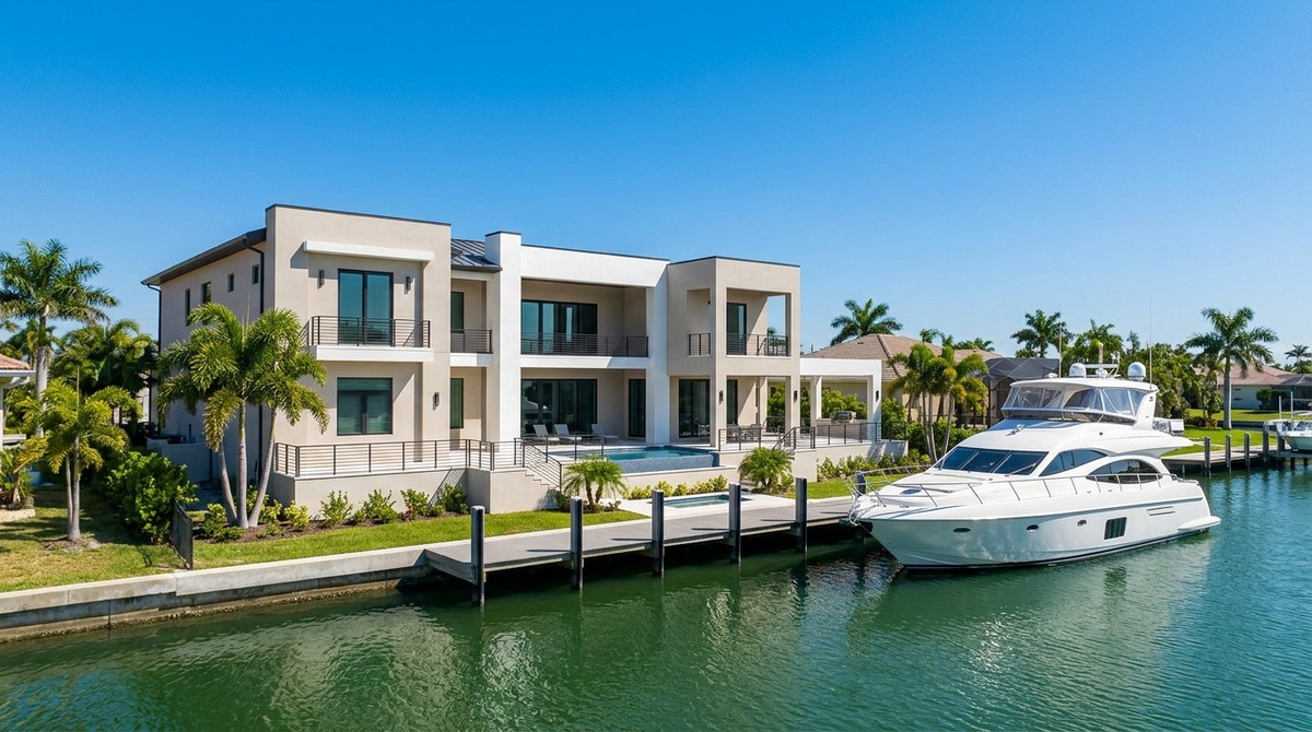 A modern Cape Coral waterfront luxury home with a large white yacht docked outside.