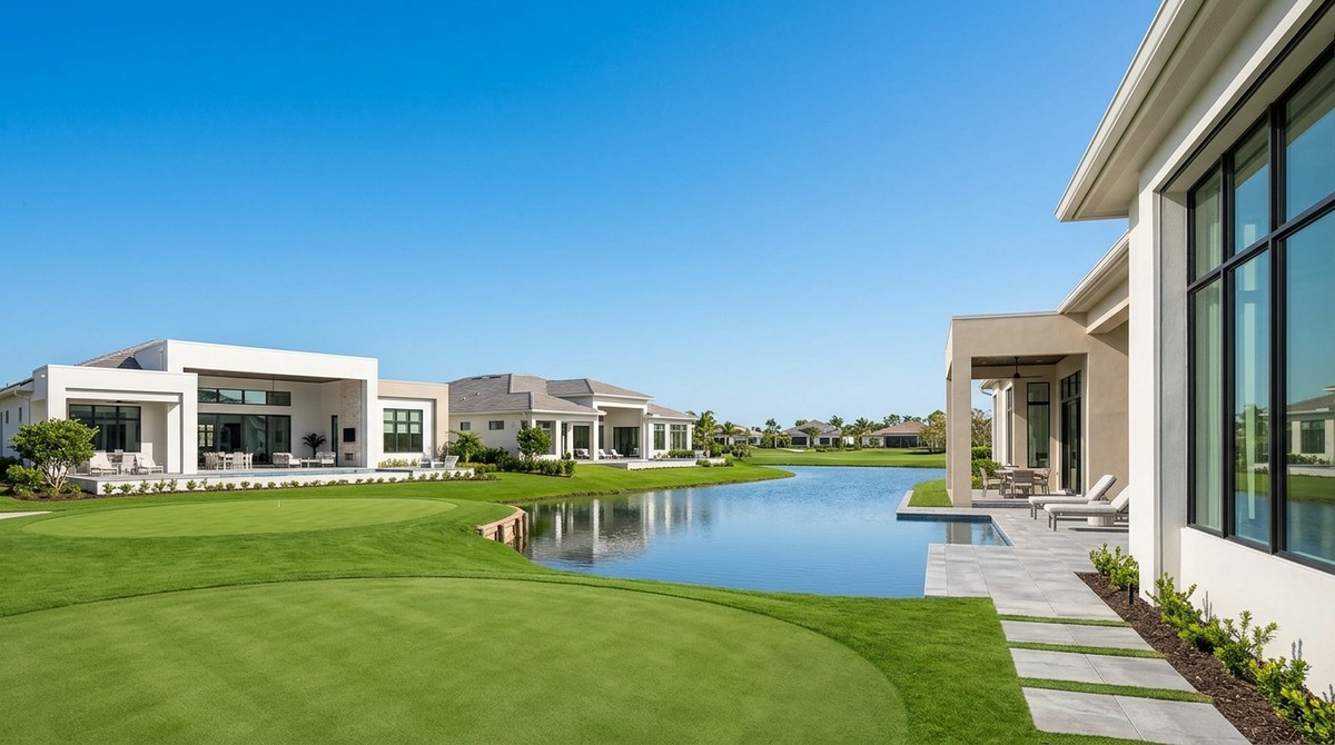 Modern luxury homes line a golf course and lake under a clear blue sky, part of a new development.