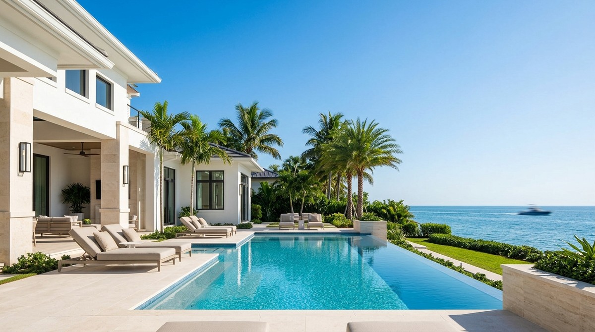 A luxurious white home with a pool overlooking the ocean, palm trees, and a boat in Southwest Florida.
