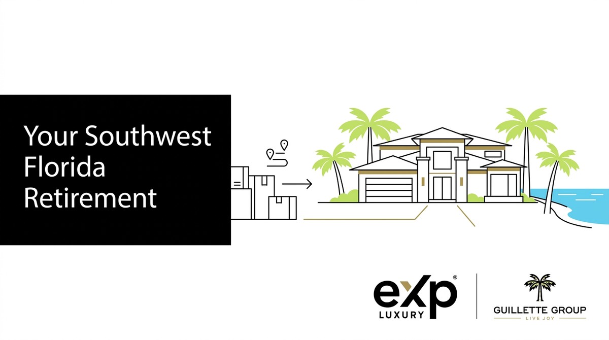 Illustration of boxes moving to a large house with palm trees by the ocean, representing Southwest Florida downsizing strateg