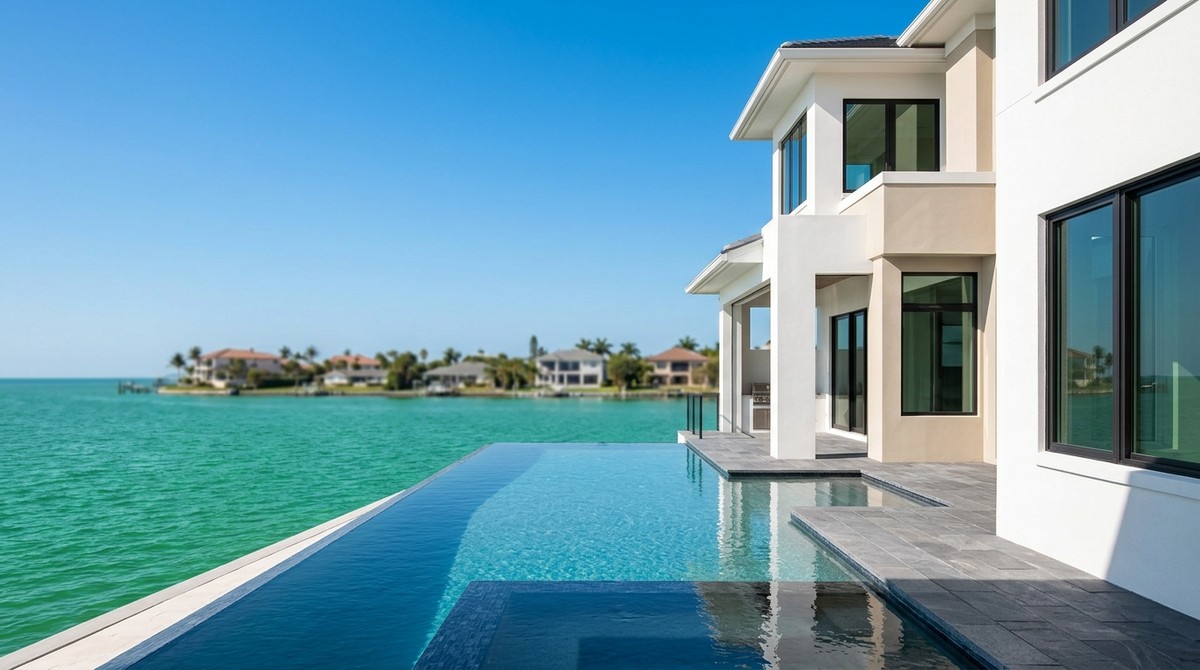 Modern luxury waterfront home with an infinity pool overlooking the turquoise SWFL real estate market.