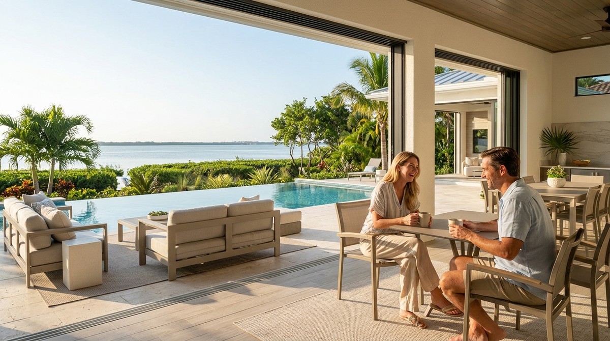 Couple enjoying coffee on a renovated home premium Naples patio with an infinity pool and ocean view.
