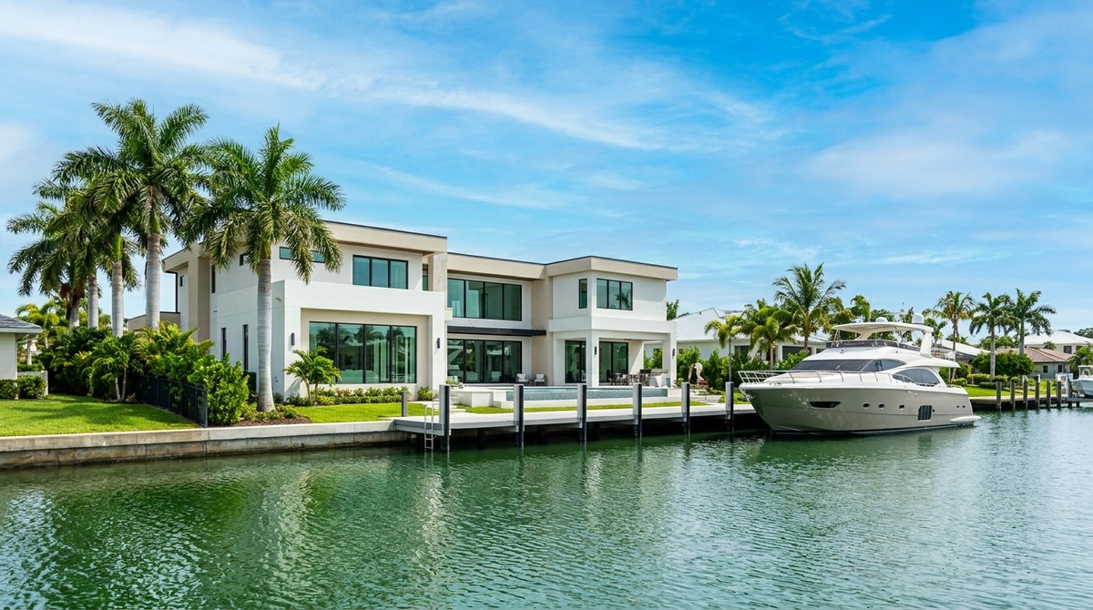 A modern Cape Coral waterfront luxury home with a pool, palm trees, and a yacht docked on a canal.