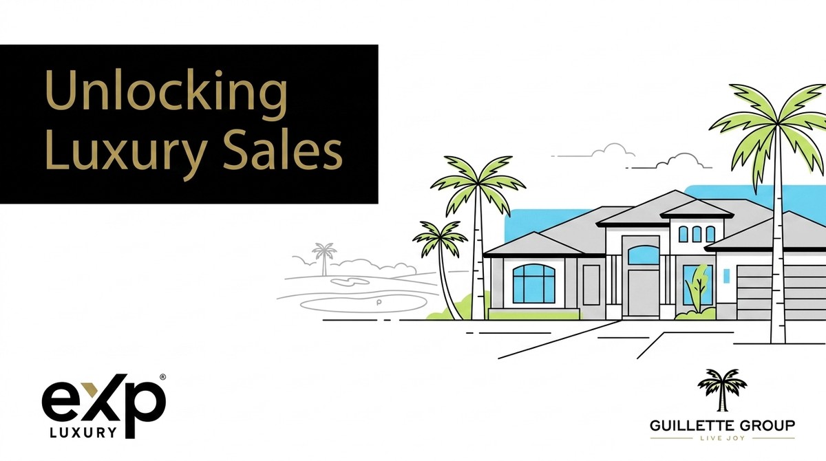 Black box with "Unlocking Luxury Sales" text, an illustrated Southwest Florida luxury home, palm trees, and a golf course.