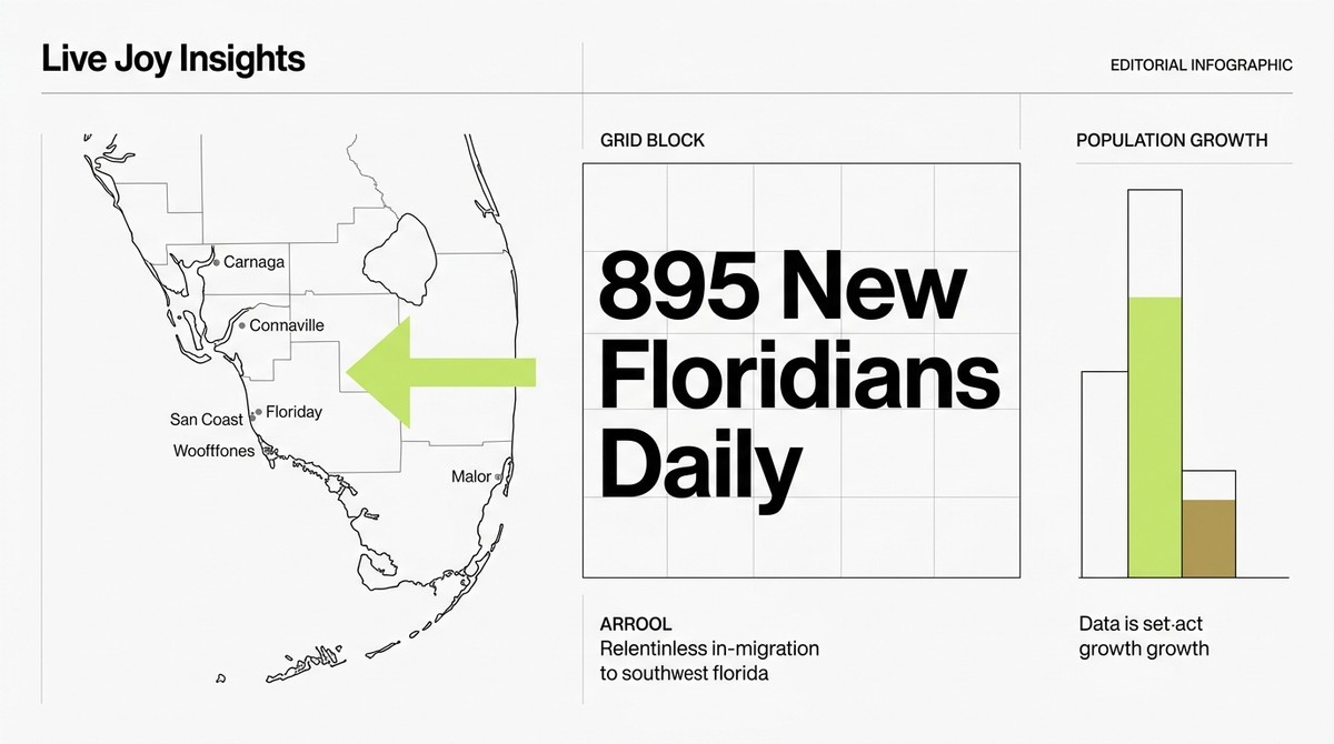 Infographic showing a Florida map with a green arrow pointing to "895 New Floridians Daily" text and a bar chart.