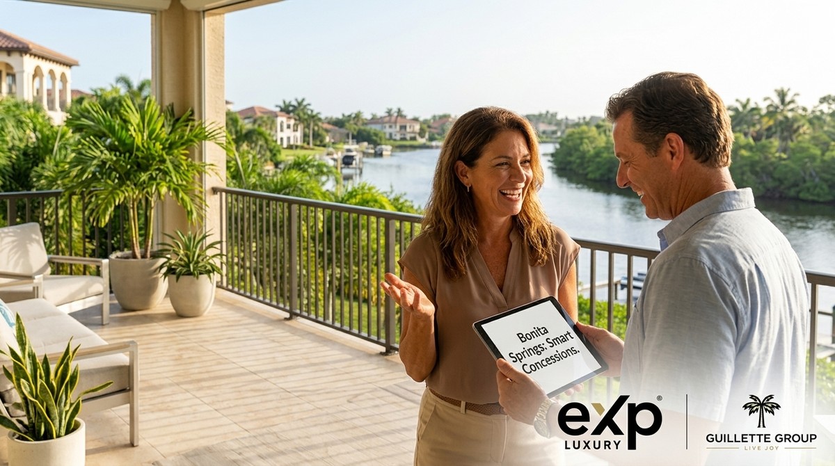 Smiling couple on a balcony overlooking a canal in Bonita Springs, viewing "Smart Concessions" on a tablet.
