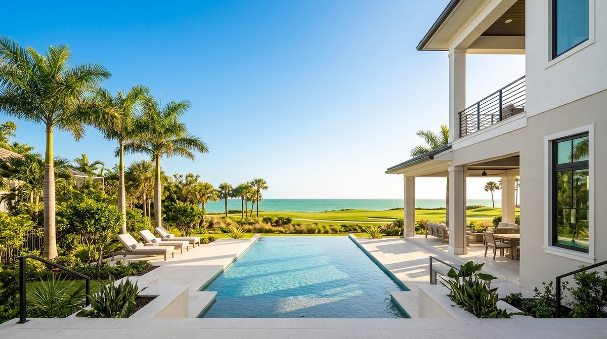 Luxury SWFL home with infinity pool, patio, and ocean views over a golf course.