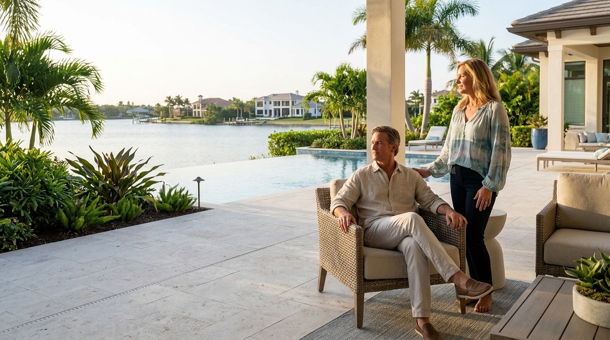 A couple on a patio overlooking a bay with luxury homes. Man sits, woman stands with hand on his shoulder.