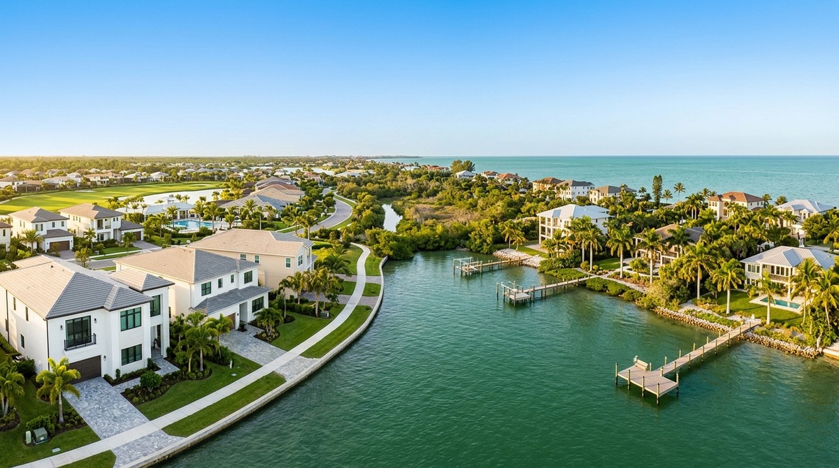 Aerial view of luxury master-planned homes along a canal, with docks, palm trees, and the ocean in the distance.