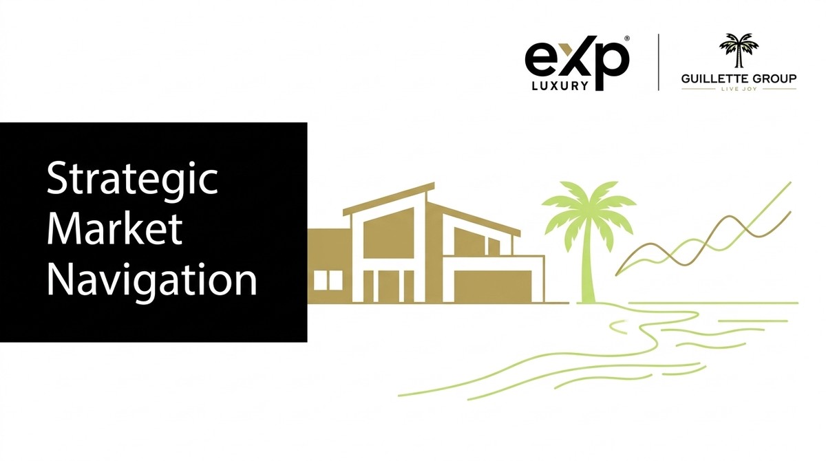 A modern house, palm tree, and market graphs on a white background with "Strategic Market Navigation.