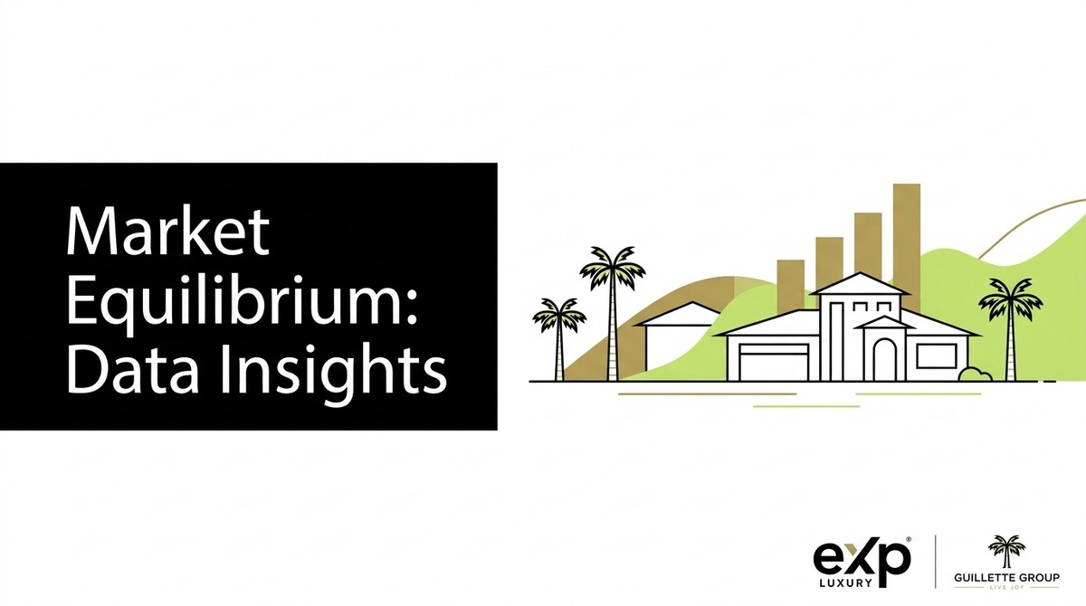 Text "Market Equilibrium: Data Insights" next to an illustration of houses, palm trees, and bar graphs.