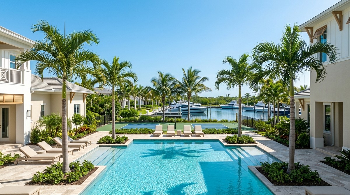Luxury SWFL community amenities: a pool, tennis court, marina with yachts, and palm trees under a clear sky.