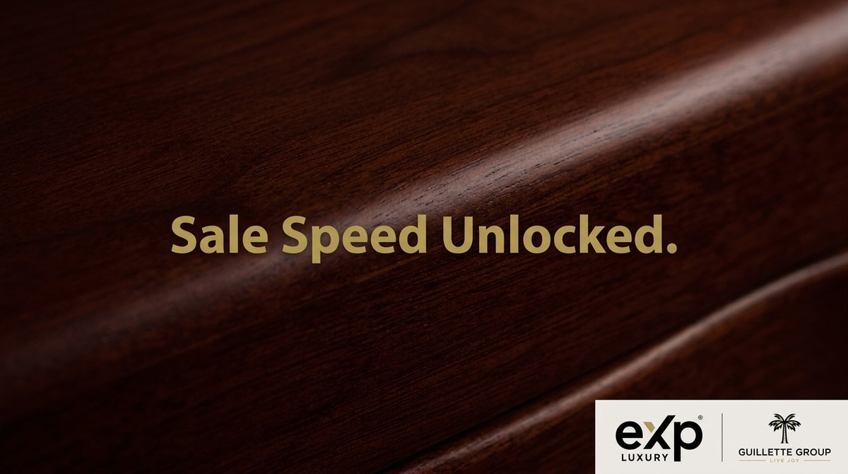 Dark brown wood grain surface with "Sale Speed Unlocked." in gold text. Logos for eXp Luxury and Guillette Group.