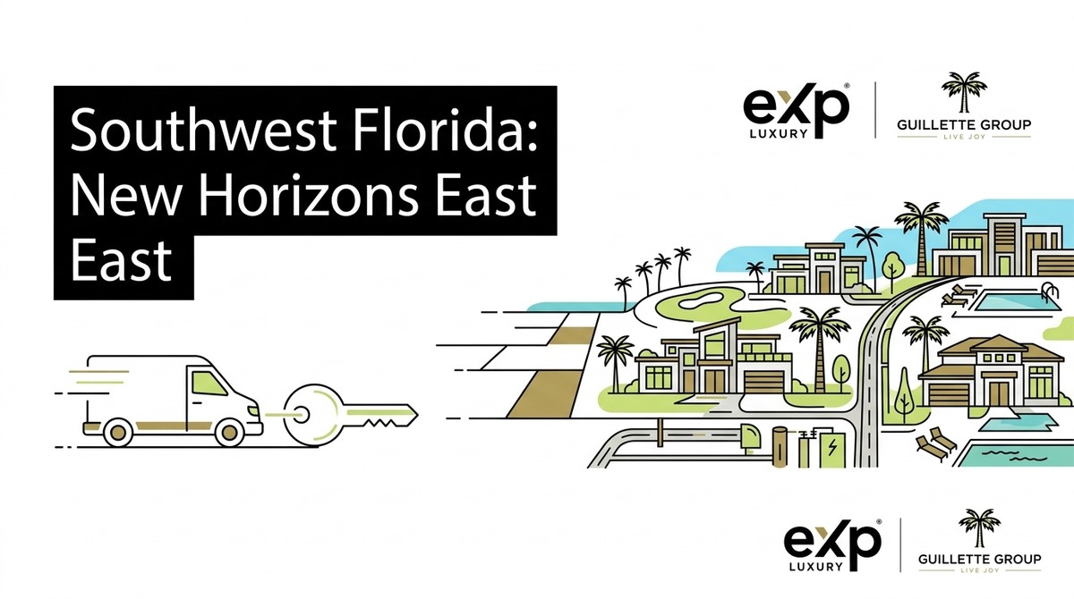 Stylized illustration of Southwest Florida new construction: a moving truck with a key, leading to a community of modern home