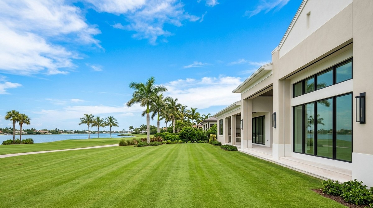 A luxury real estate development with a modern home, green lawn, palm trees, and a lake under blue sky.