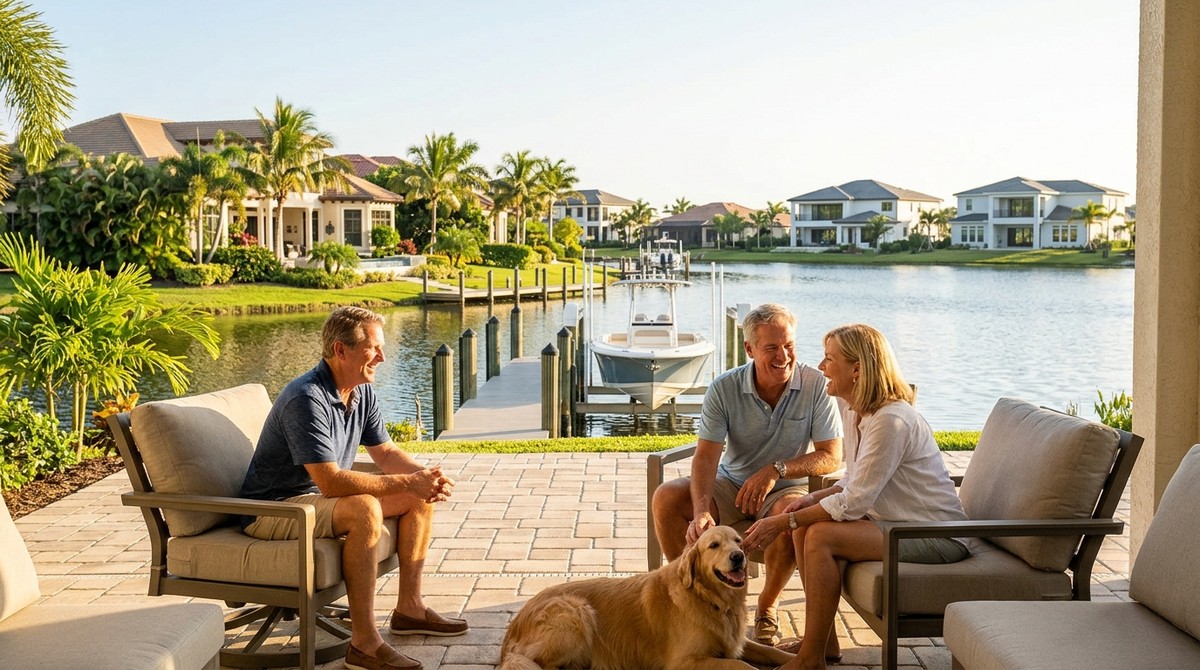 Three smiling people and a golden retriever relax on a patio overlooking waterfront homes and a boat dock in Southwest Florid
