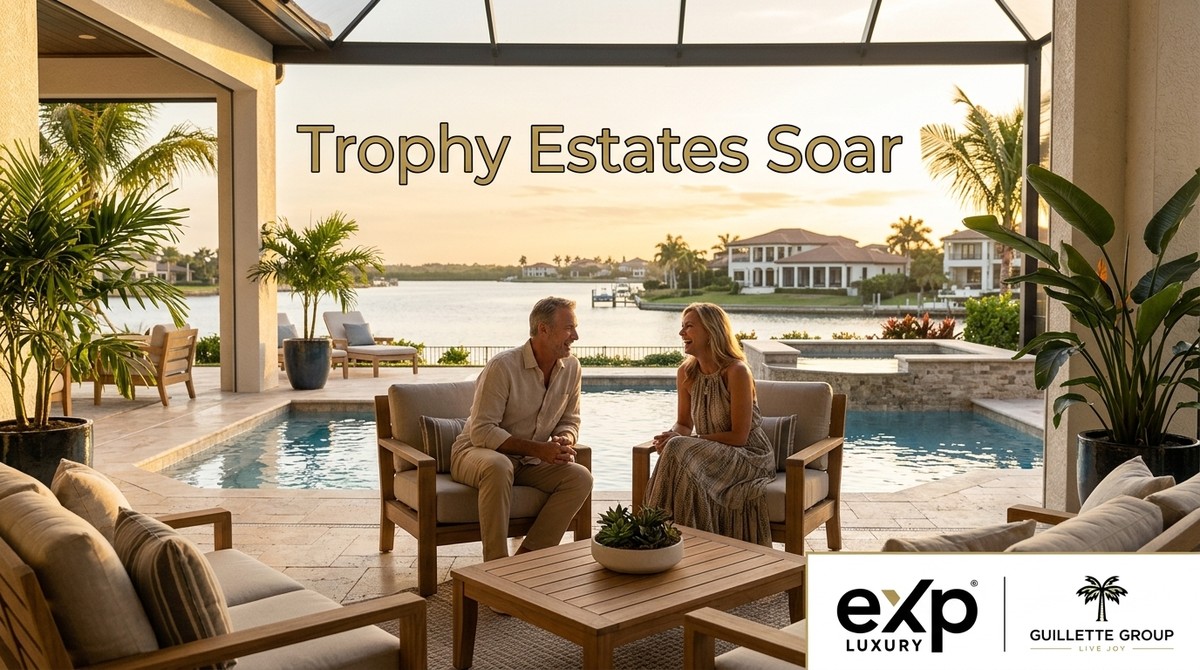 Couple on a patio by a pool, overlooking Southwest Florida luxury homes and a waterway at sunset.