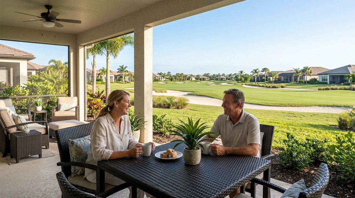 A couple enjoys coffee on a screened patio overlooking a golf course and homes in SWFL.