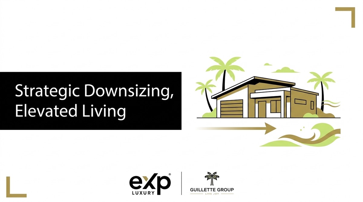 Illustration of a modern house with palm trees, an arrow, and waves, representing downsizing in Southwest Florida.