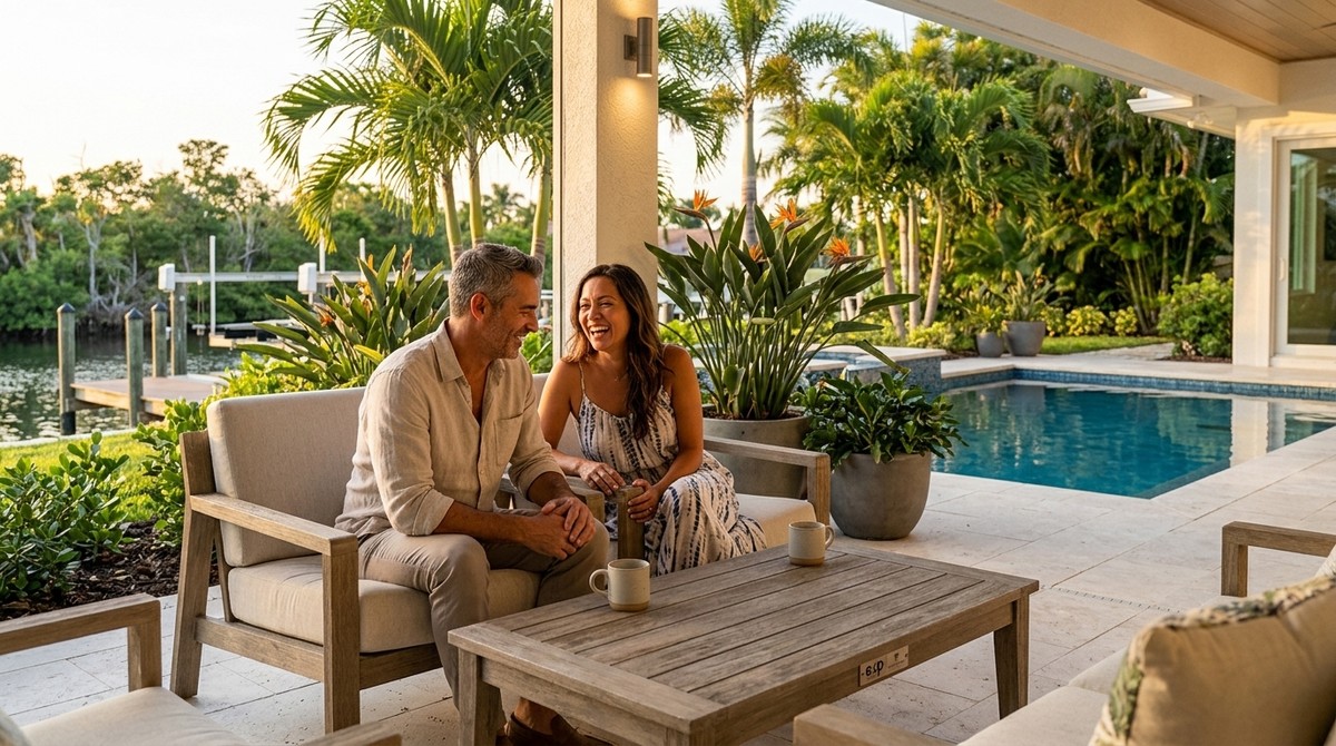 A happy couple relaxing on a patio with a pool, lush plants, and a dock on the water.