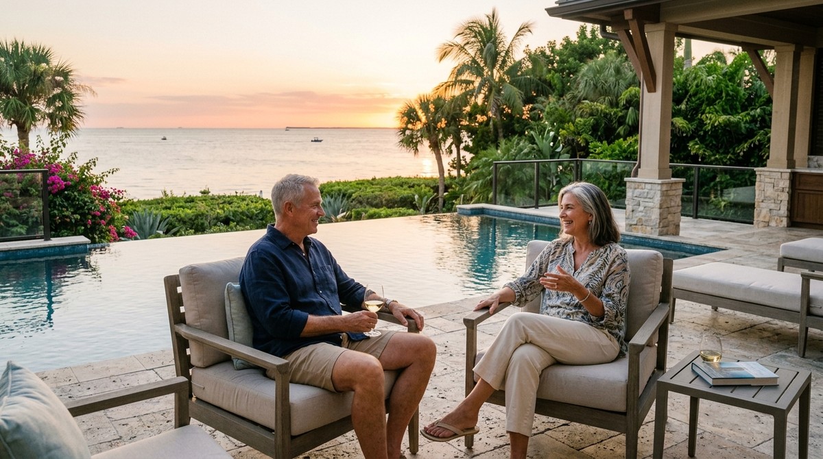 A smiling couple sits on a patio by an infinity pool overlooking the ocean at sunset.